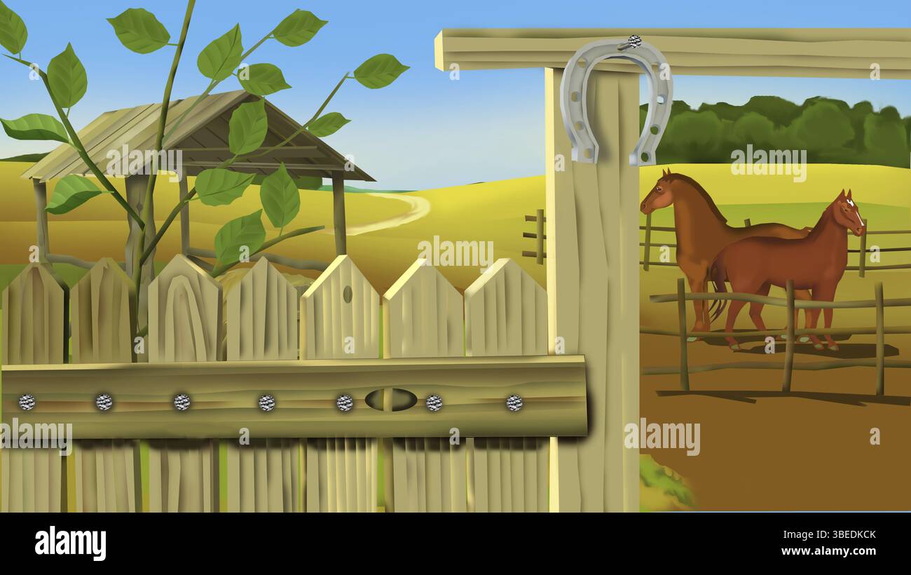 Un dipinto digitale di una rustica porta di fattoria in legno con un ferro di cavallo per buona fortuna, che si affaccia su un paddock con due cavalli marroni. Le funzioni di sfondo r Foto Stock