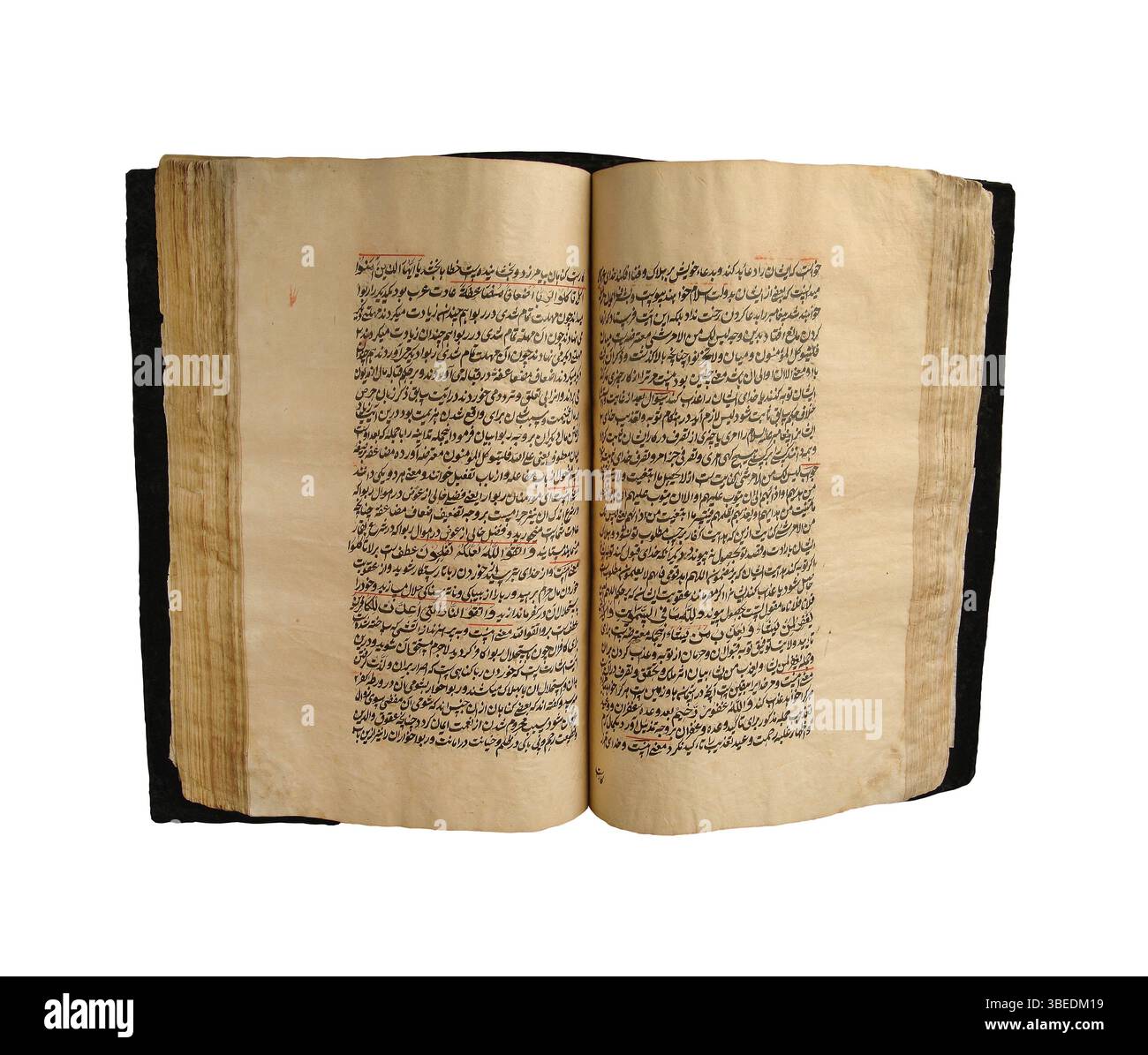 Antico libro arabo aperto su sfondo bianco. Vecchi manoscritti e testi arabici Foto Stock