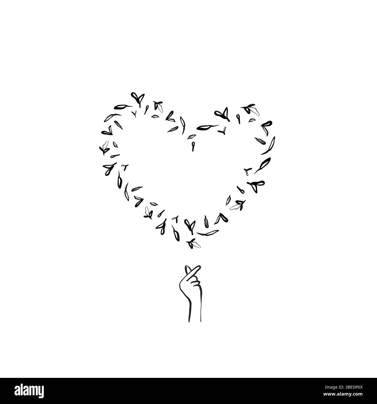 Gesto cardiaco che forma la mano con le dita e il cuore speziato sopra in uno stile di line art organico e stravagante Illustrazione Vettoriale