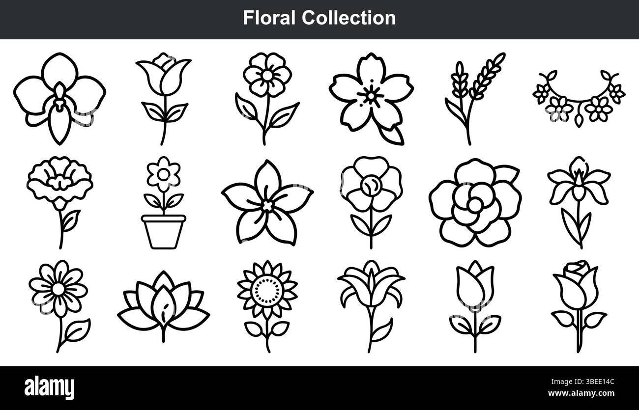 Splendida collezione di icone d'arte con linee floreali Illustrazione Vettoriale