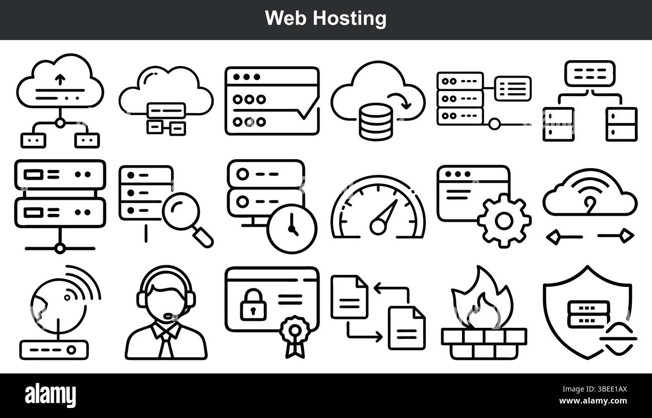 Icone di hosting Web dati di rete del server cloud Illustrazione Vettoriale