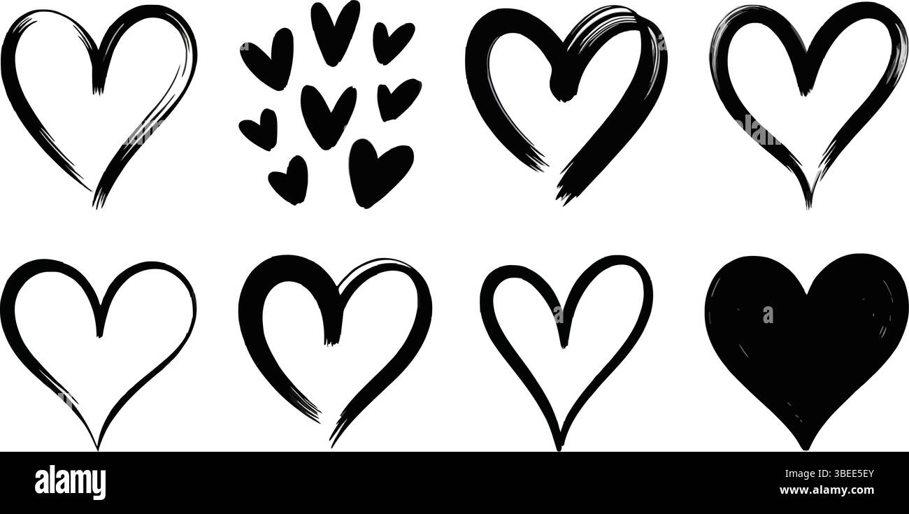 Una varietà di forme di cuore disegnate a mano che esprimono amore, romanticismo, affetto e calore emotivo nel design Illustrazione Vettoriale