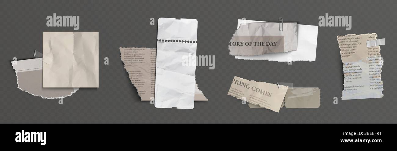 Set di elementi di carta strappati - varie forme rettangolari strappate con bordi irregolari e ombre. Ritaglio realistico di giornali e frammenti di note per scrapbooking o collage. Ritagli pagina obsoleti. Illustrazione Vettoriale