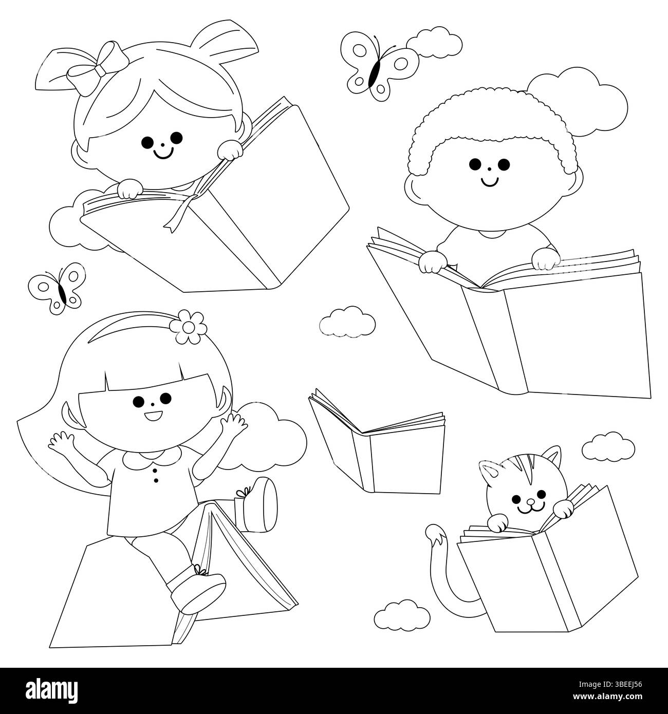 Bambini felici che volano con i libri nel cielo. I bambini prenotano la festa del giorno. Pagina da colorare in bianco e nero. Foto Stock