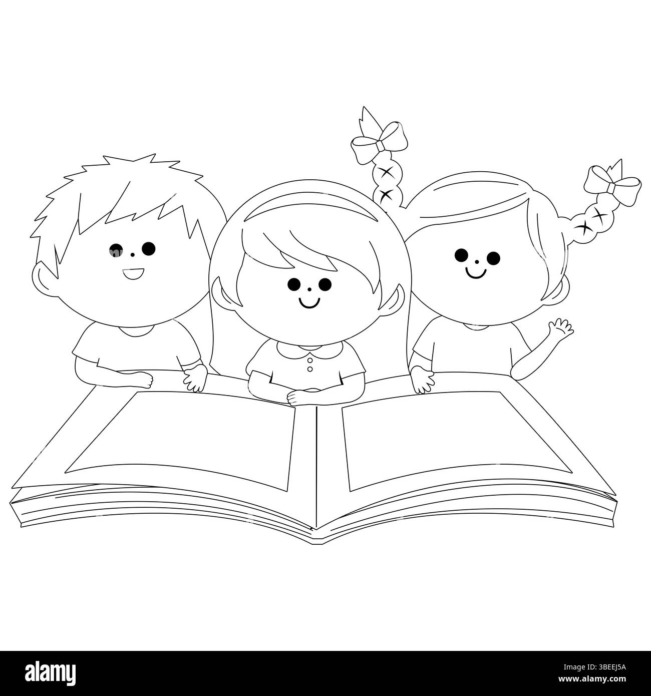 Bambini che leggono un libro aperto. I ragazzi studenti in biblioteca studiano i loro compiti. Pagina da colorare in bianco e nero. Foto Stock