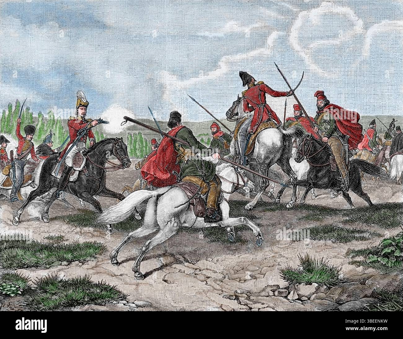 Guerre napoleoniche. Invasione francese della Russia. Combattere i cosacchi russi contro l'esercito francese. Incisione, XIX secolo. Incisione, XIX secolo. Foto Stock