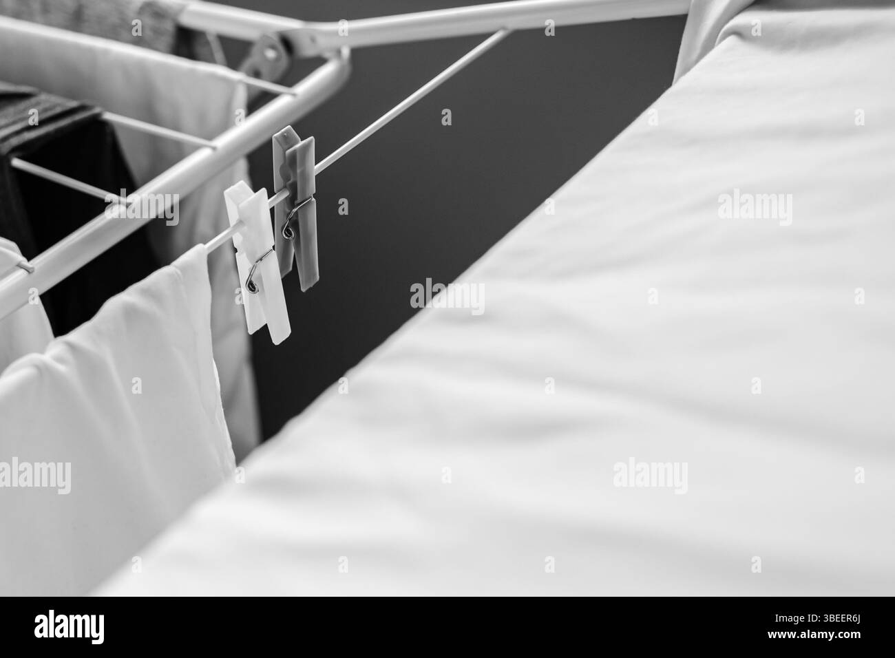 Gli indumenti bianchi lavati si stanno asciugando accanto ai clothespins blu e giallo. Colore bianco. Clothespins sull'essiccatore. Le cose si asciugano dopo il lavaggio. Odore fresco. Foto Stock