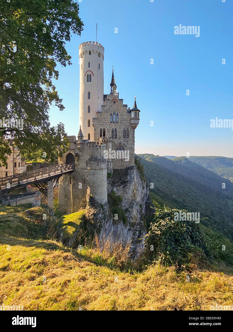 Vista sul castello di Lichtenstein nel Baden-Württemberg, Germania Foto Stock