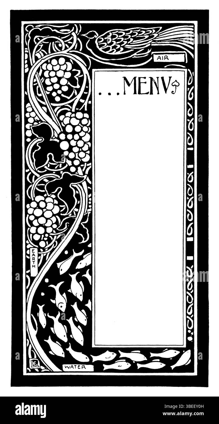 Design Art Nouveau per un menu a carte, forme naturali organiche fluide della designer Ethel Larcombe, di Studio Magazine 1901 Foto Stock Design Art Nouveau per un menu a carte, forme naturali organiche fluide della designer Ethel Larcombe, di Studio Magazine 1901 Foto Stock