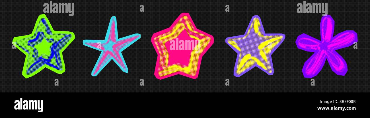 Colori al neon punk 3d Y2K cromo chiaro mezzitoni forma a stelle retrò, set di adesivi per illustrazioni vettoriali astratte. Illustrazione Vettoriale