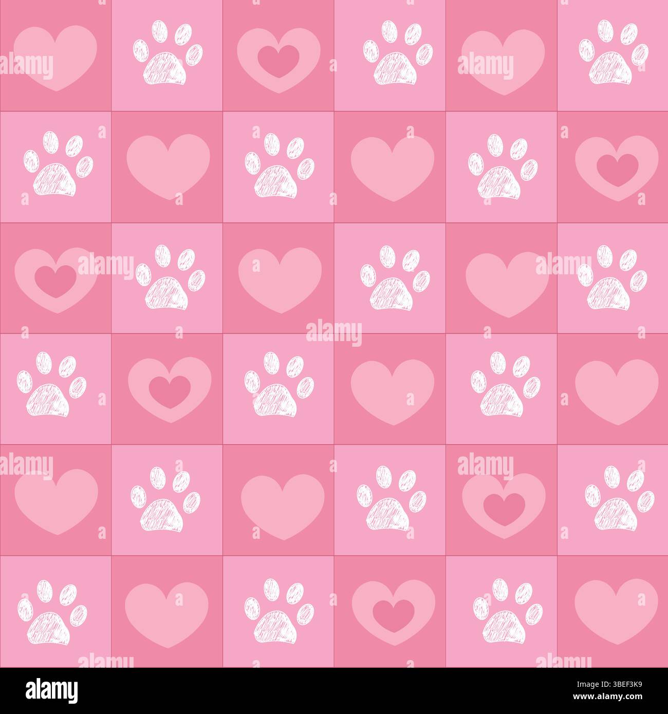Motivo a quadri con cuori rosa con stampe zampe Illustrazione Vettoriale