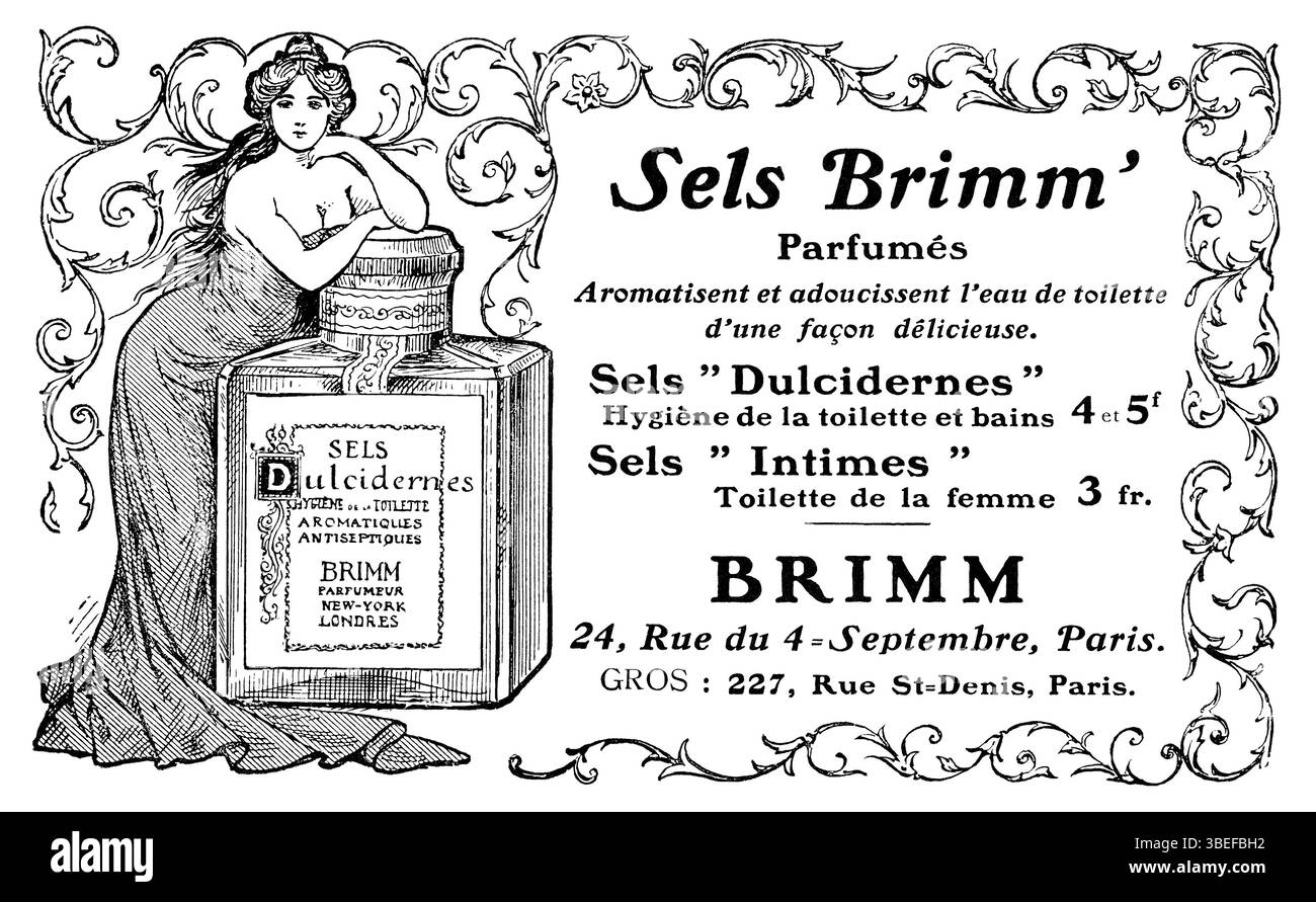 1909 pubblicità francese per i sali di Brimm per profumare e ammorbidire l'acqua del bagno. Foto Stock