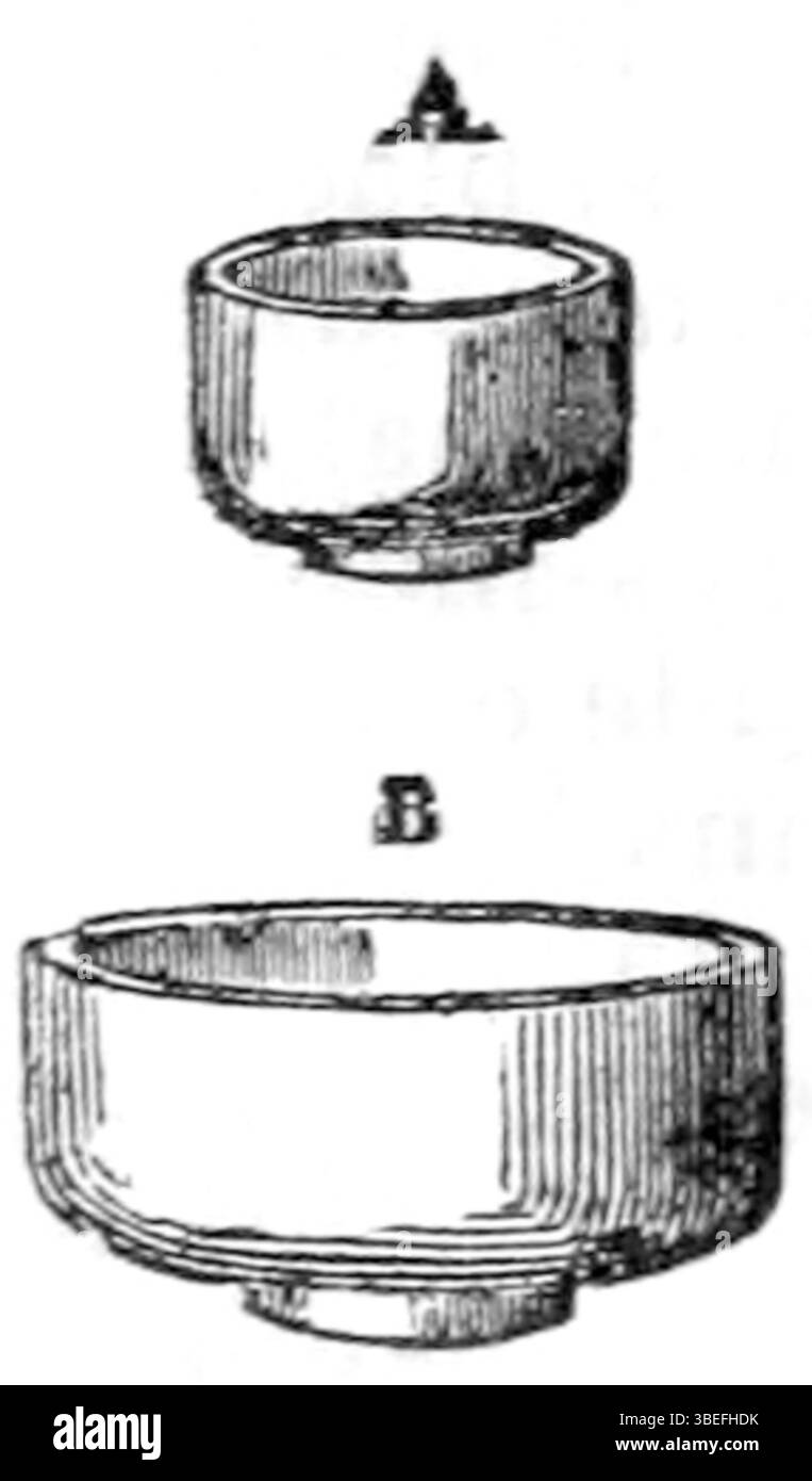 Questa incisione tratta dalla Maison rustique di A. Thiebault (1844) raffigura uno stampo di formaggio Edam, uno strumento utilizzato per modellare il formaggio Edam. Presente nel volume 3, pagina 46, mostra un elemento chiave del processo di produzione del formaggio. Foto Stock