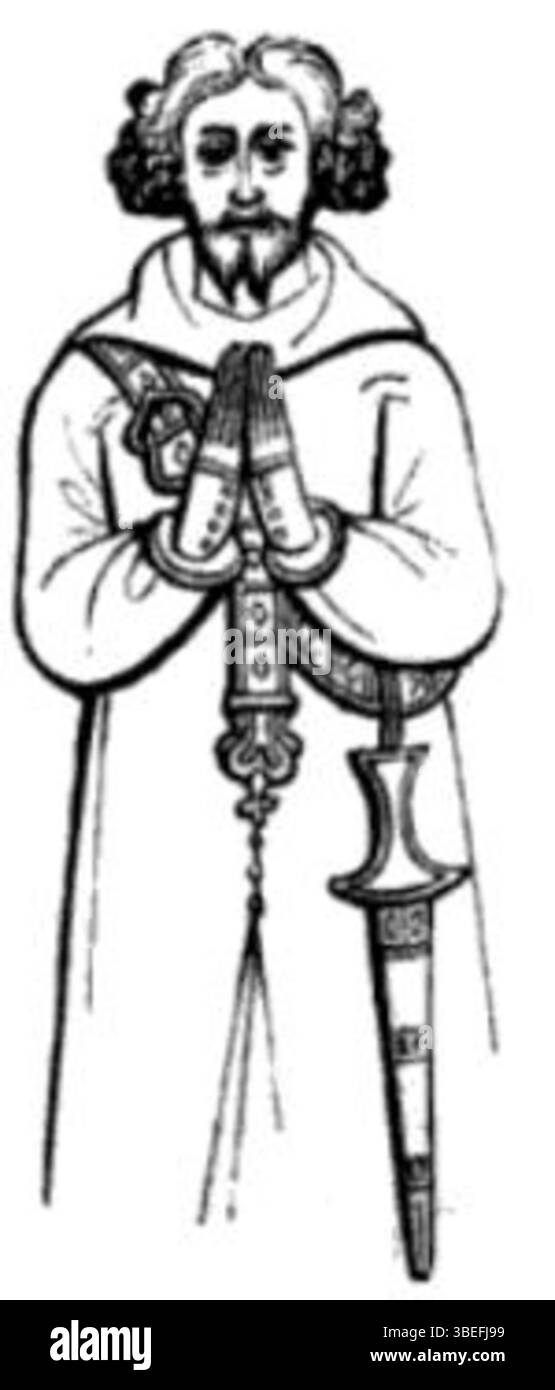 Questa incisione in ottone del XIV secolo mostra un gentiluomo inglese che indossa un'anelace sulla sua cintura. È una copia di un ottone realizzato da John Corpe nel 1361, situato nella Stoke Fleming Church, Devonshire. Foto Stock