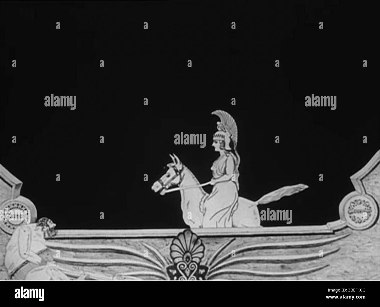 Questa immagine cattura un momento dal cortometraggio animato del 1910 "Les Douze Travaux d'Hercule" di Émile Cohl, dove Hercules acquisisce la cintura magica di Ippolita. Il film dà vita a una delle dodici fatiche di Ercole attraverso tecniche di animazione innovative. Foto Stock