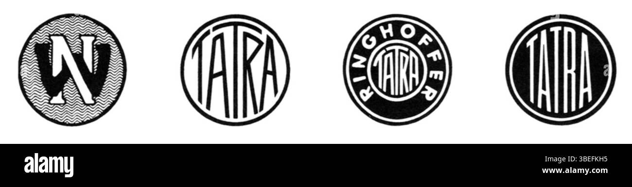 I loghi storici dell'azienda Tatra, dai primi tempi come Nesselsdorfer Wagenbau-Fabriks-Gesellschaft (1891) al logo TATRA utilizzato negli anni '1940, tracciano l'evoluzione di questo iconico marchio automobilistico. Foto Stock