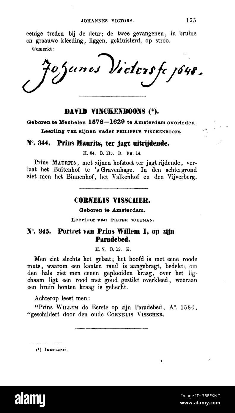 Pagina 155 del Rijks Museum te Amsterdam* di Beschrijving der schilderijen op* (1858) continua a documentare la collezione d'arte del Rijksmuseum con opere significative di artisti olandesi. Il catalogo rimane un'importante fonte storica per lo studio della pittura olandese. Foto Stock