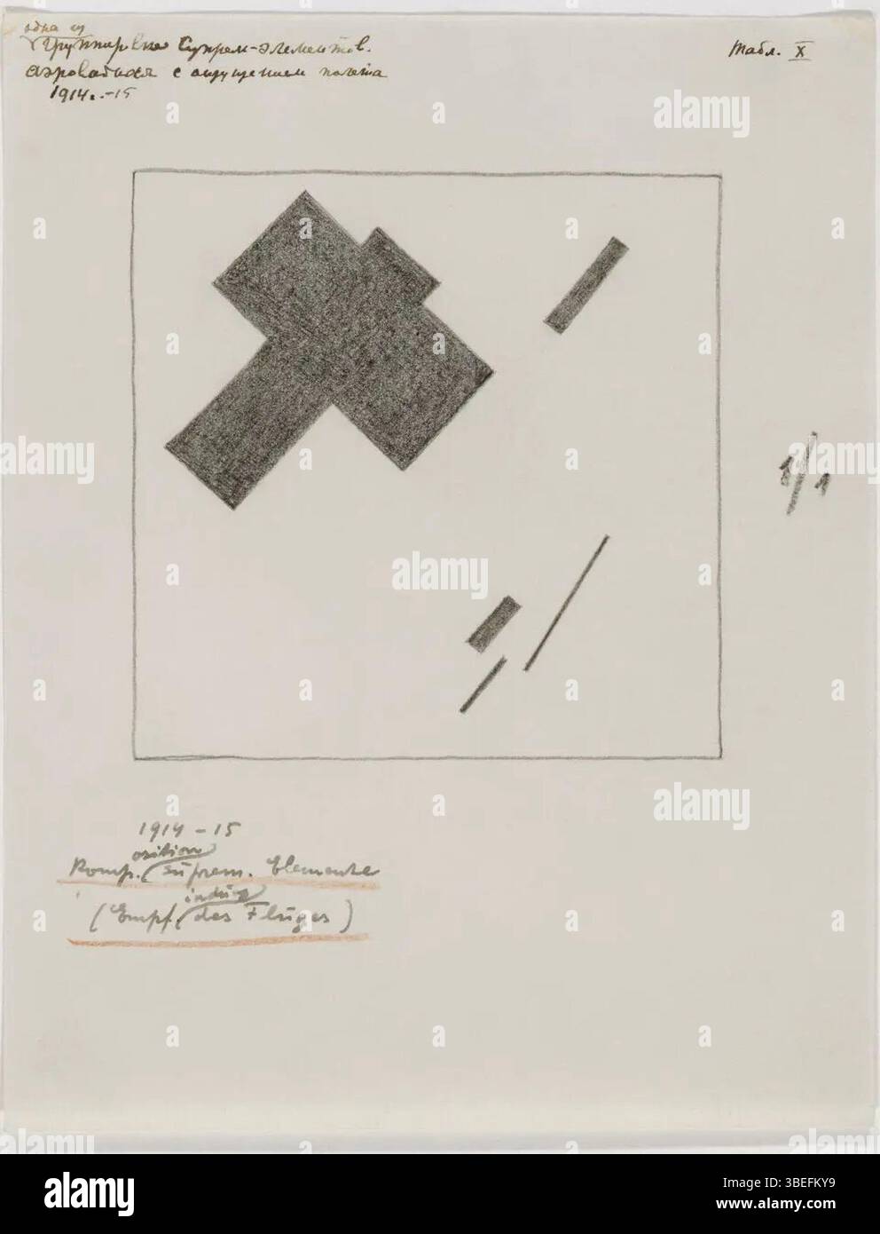 "Experience of Flying" (1927) di Kazimir Malevich, originariamente concepito nel 1915, riflette l'esplorazione del movimento e dell'astrazione dell'artista nel quadro suprematista. L'opera simboleggia una sensazione di volo attraverso forme geometriche. Foto Stock