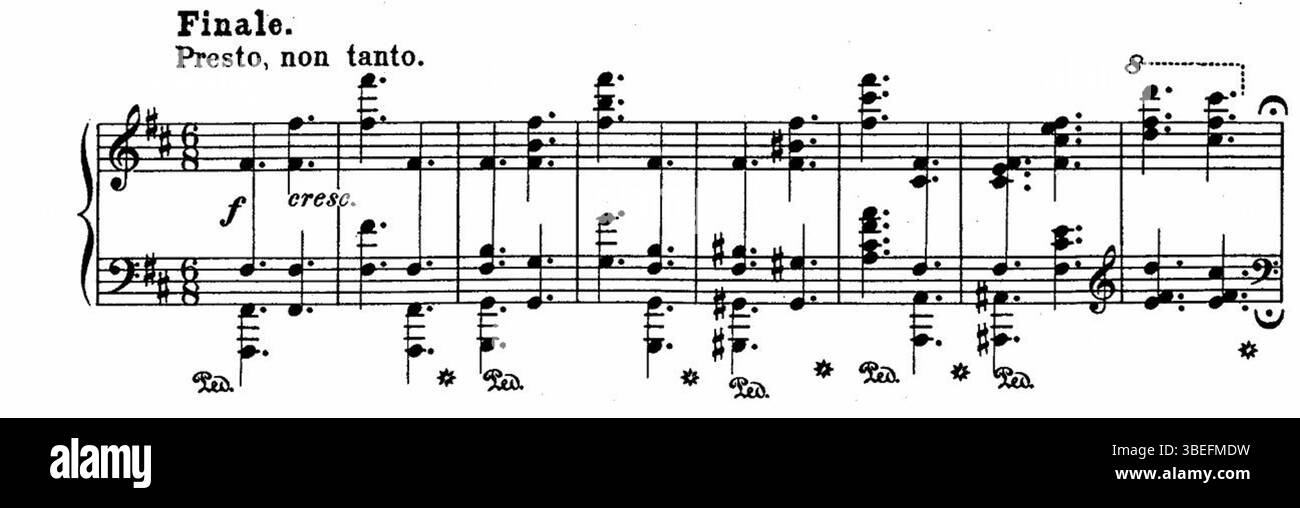 Le battute di apertura del quarto movimento, 'presto non tanto', della Sonata per pianoforte n. 3 di Frédéric Chopin, composta nel 1845, sono note per il loro ritmo rapido e la melodia intricata, una caratteristica distintiva dello stile di Chopin. Foto Stock