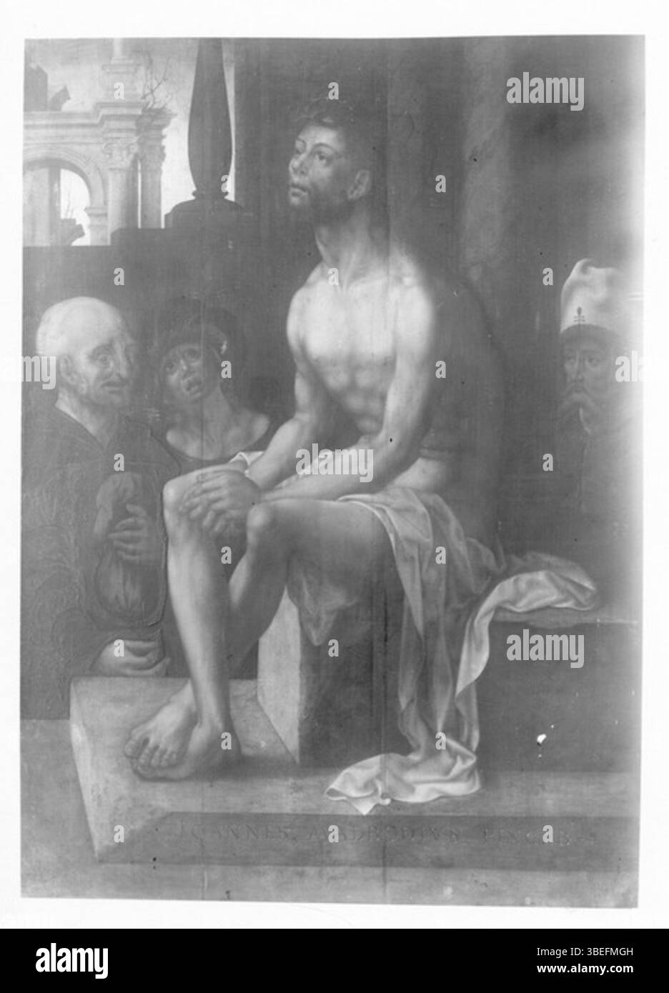 Questo dipinto, 'Cristo riposa dopo la flagellazione', è un'interpretazione della figura di Cristo dopo la sua flagellazione. Basato sull'opera di Jan Gossaert, è stato creato tra il 1527 e il 1599 e si concentra sulla sofferenza e lo stato fisico di Cristo. Il dipinto esemplifica il tema "l'uomo addolorato" nell'arte cristiana. Foto Stock