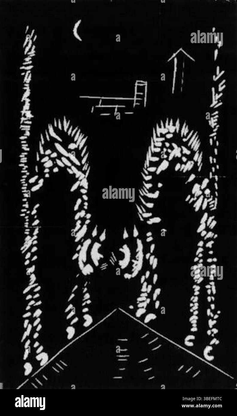 Questa incisione in legno di Max Jiménez, realizzata nel 1936, illustra il capitolo 10 del suo romanzo "El Domador de Pulgas". Dimostra lo stile caratteristico di Jiménez di fondere temi letterari con la rappresentazione visiva. Foto Stock Questa incisione in legno di Max Jiménez, realizzata nel 1936, illustra il capitolo 10 del suo romanzo "El Domador de Pulgas". Dimostra lo stile caratteristico di Jiménez di fondere temi letterari con la rappresentazione visiva. Foto Stock