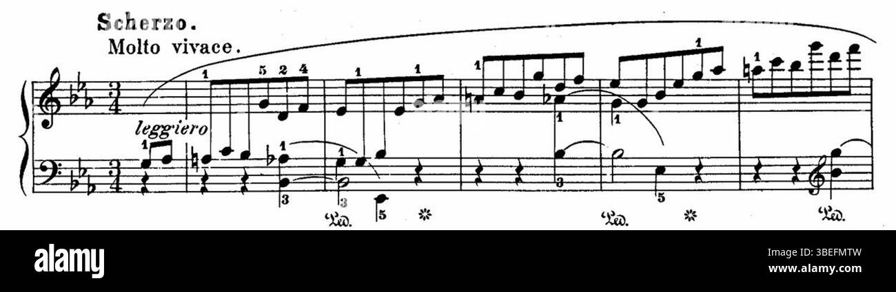 Le battute di apertura del secondo movimento della Sonata per pianoforte n. 3 di Chopin, composta nel 1845, presentano una melodia lirica lenta che contrasta con i movimenti più veloci, mettendo in mostra lo stile espressivo di Chopin. Foto Stock