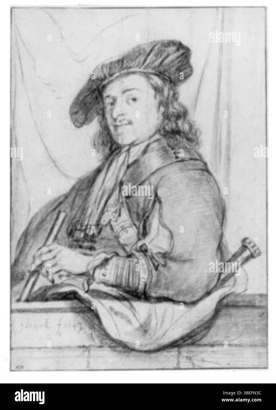 L'autoritratto di Govert Flinck del 1643 mostra l'artista in uniforme, eseguito con gesso nero e lavaggio grigio su carta. Questo lavoro misura 255 x 180 mm ed è alloggiato nello Stiftung Weimarer Klassik und Kunstsammlungen, Weimar. Foto Stock