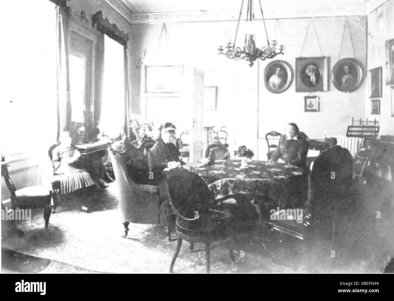 Questa immagine del 1870 circa ritrae il soggiorno della casa di A.N. Hansen ad Akademigade, Copenaghen. Cattura il design di un interno borghese della fine del XIX secolo, riflettendo l'ambiente sociale e culturale del periodo nelle case danesi. Foto Stock