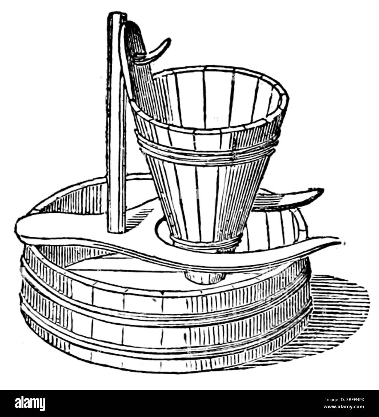 Questa incisione del 1844 illustra un supporto per setaccio svizzero, come descritto in "Maison Rustique du XIXe siècle". L'immagine mette in risalto l'artigianato rurale e gli strumenti utilizzati nella preparazione del cibo durante il XIX secolo. Foto Stock