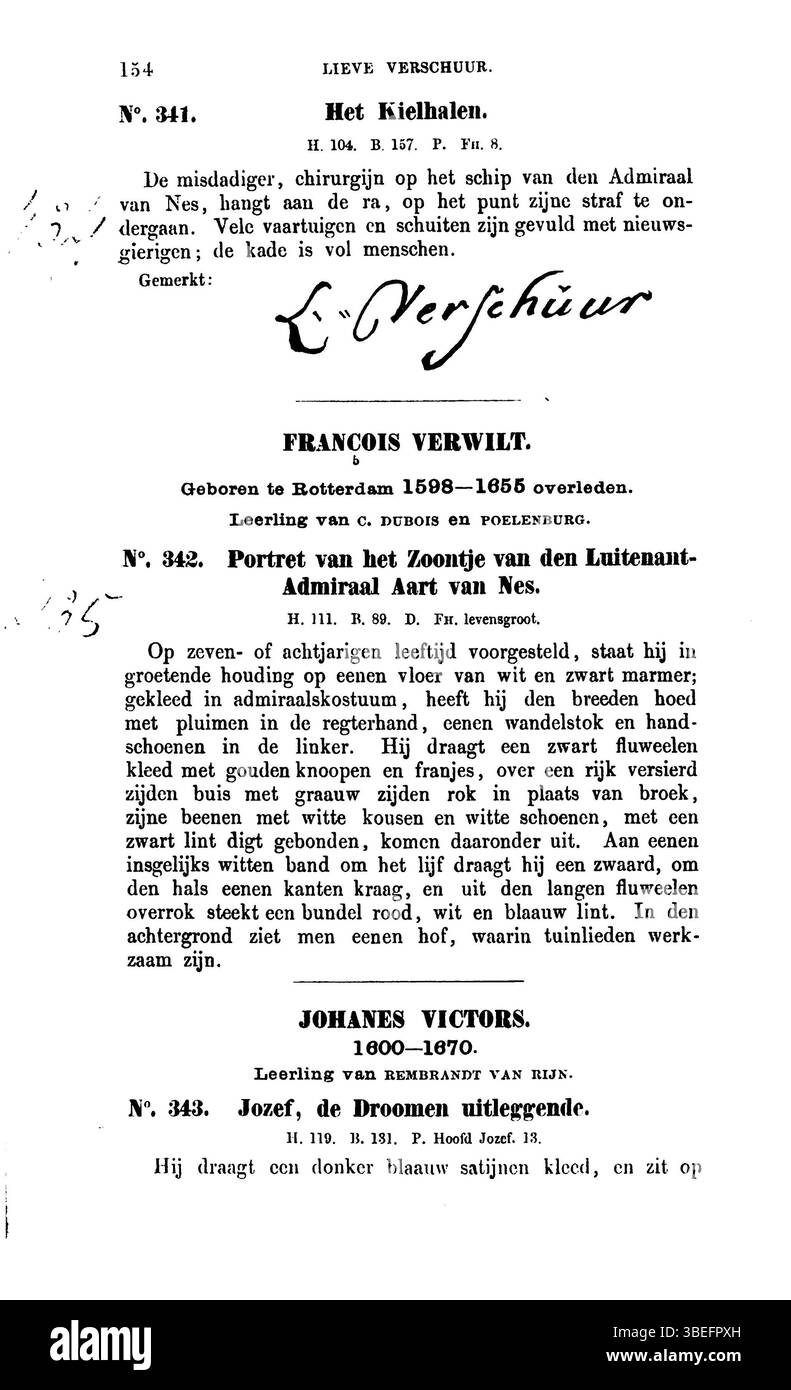Questa pagina, pagina 154, del Rijks Museum te Amsterdam* di Beschrijving der schilderijen op (1858), presenta i contributi di P.L. Dubourcq al catalogo d'arte, descrivendo ulteriormente le opere significative detenute dal Rijksmuseum di Amsterdam nel corso del XIX secolo. Foto Stock