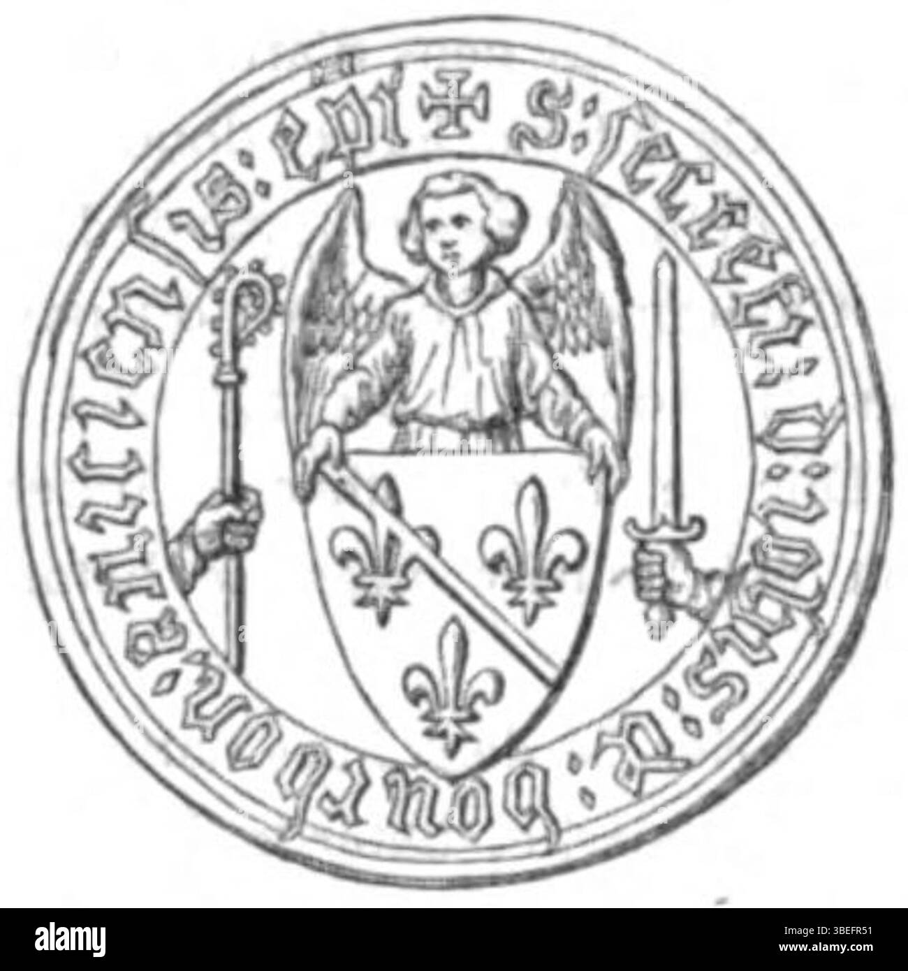 Un sigillo segreto di Jean de Bourbon, vescovo di Puy, datato 1466. Il sigillo è un manufatto storico del periodo medievale, creato tra il 1860 e il 1869. Foto Stock