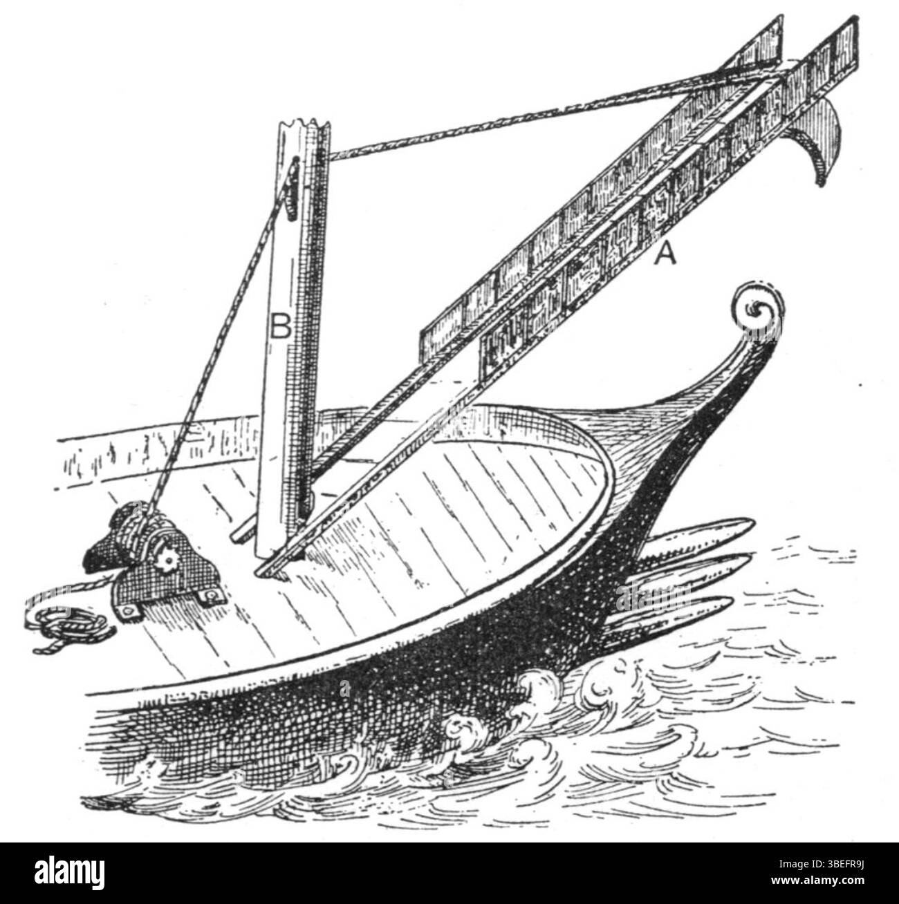 1926 illustrazione di un dispositivo di imbarco del corvo navale romano con gancio di ferro, utilizzato in un'antica guerra per il combattimento nave-nave. Foto Stock