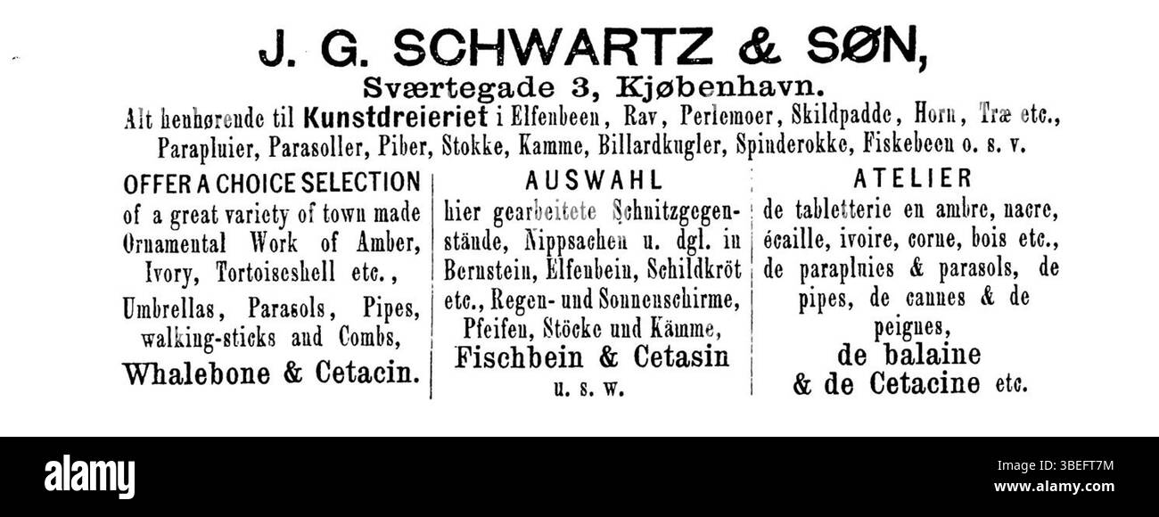 Un annuncio del 1873 per J. G. Schwartz a Sværtegade, Copenhagen, Danimarca. L'annuncio riflette le pratiche pubblicitarie commerciali della fine del XIX secolo, con particolare attenzione ai servizi offerti dall'azienda. Foto Stock