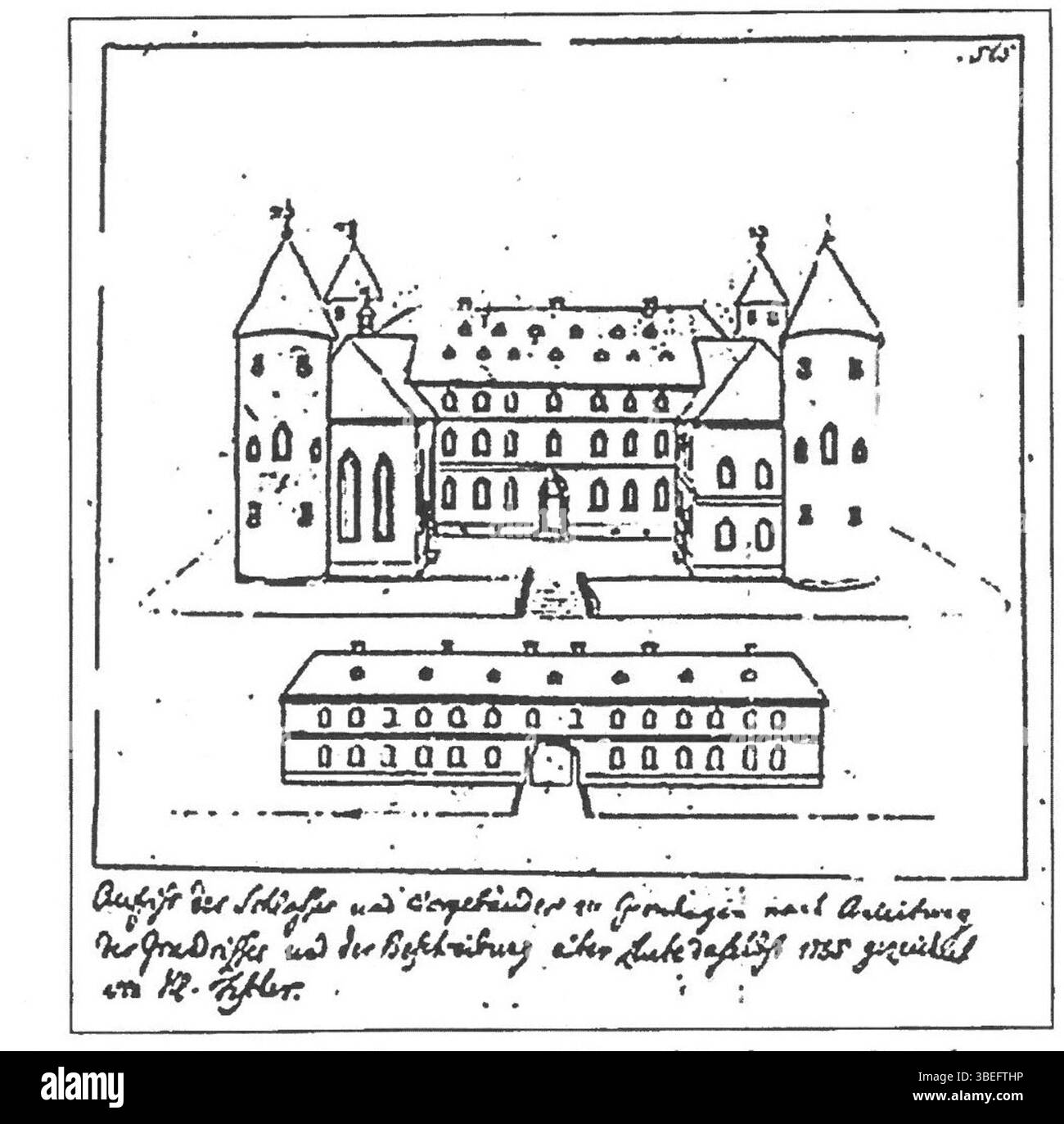Una ricostruzione grafica del castello di Grünhagen nel distretto di Uelzen, creata nel 1785. Il disegno rappresenta il disegno architettonico del castello della fine del XVIII secolo. Foto Stock