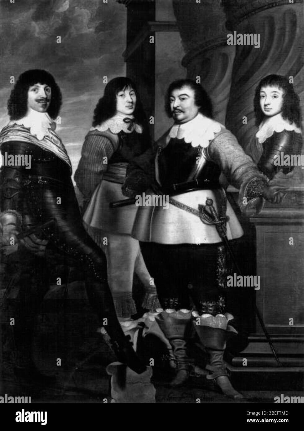 Un ritratto di gruppo di Guglielmo di Nassau-Siegen con i suoi fratellastri Guglielmo otto e Cristiano, e suo figlio Maurizio Federico, dipinto da Wybrand de Geest. L'olio su tela, dal 1635 al 1640, misura 235 x 180 cm. Foto Stock