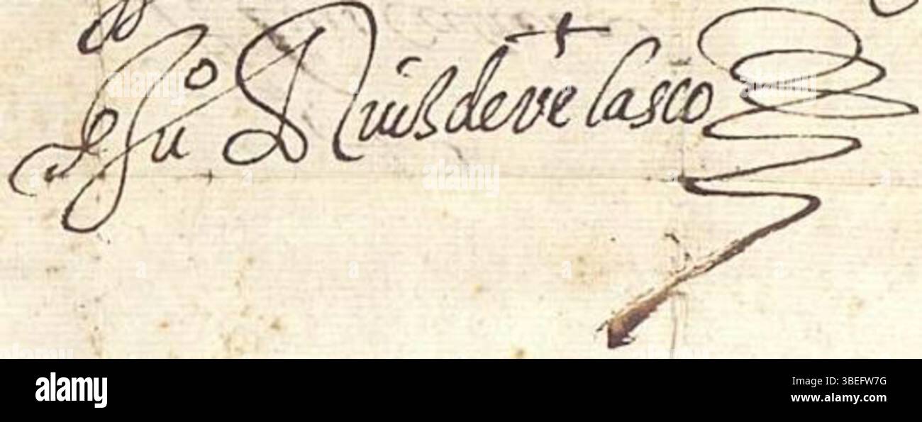 Questa firma, datata settembre 1596, appartiene a Juan Ruiz de Velasco, un artista o artigiano le cui opere potrebbero aver influenzato l'arte spagnola della fine del XVI secolo. Foto Stock