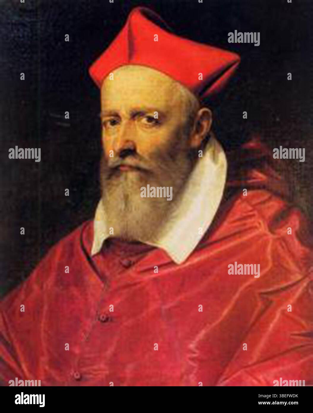 Il cardinale Giacomo Savelli, ritratto nel 1580 da Scipione Pulzone, è raffigurato in un raffinato ritratto ad olio. L’attenzione di Pulzone ai dettagli cattura la spiccata apparizione del cardinale in questa commissione religiosa. Foto Stock