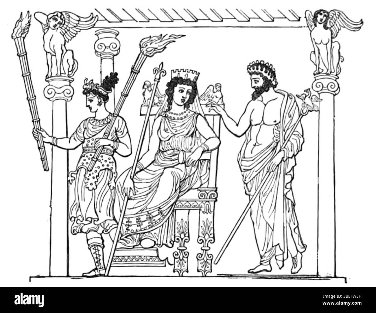 Un'incisione di Persefone (Proserpina) in trono del 1882 illustra la figura mitologica classica in un intricato stile tagliato in legno. Questa opera enfatizza il simbolismo mitologico e le tradizioni artistiche classiche. Foto Stock