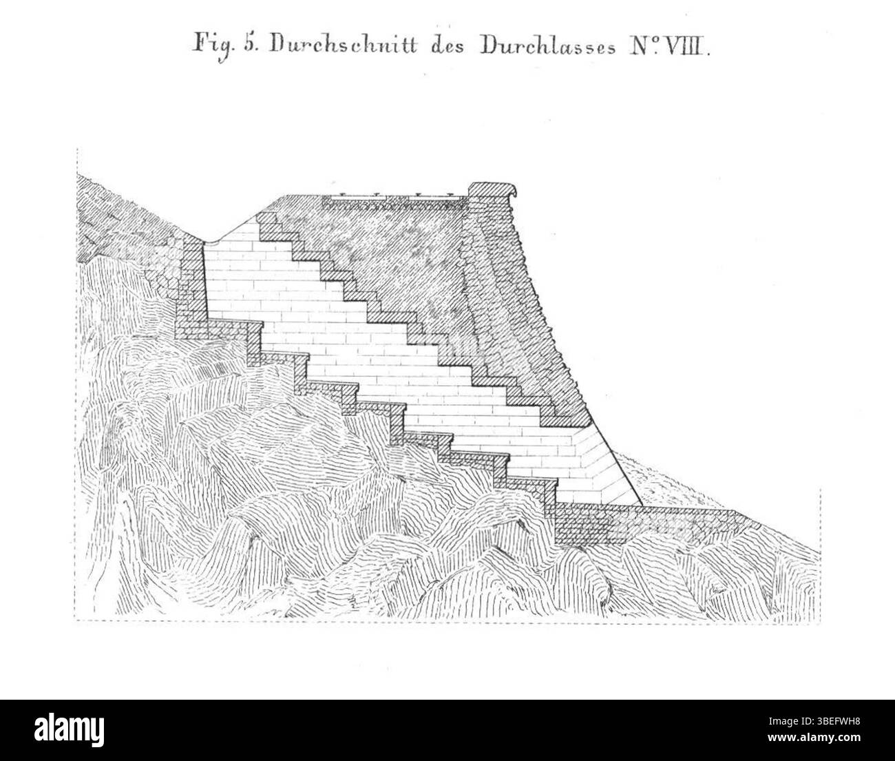 1851 disegno tecnico dello Schiefe Ebene sulla ferrovia bavarese-sassone in alta Franconia, Germania, che mostra la sezione trasversale del Culvert n. VIII Foto Stock