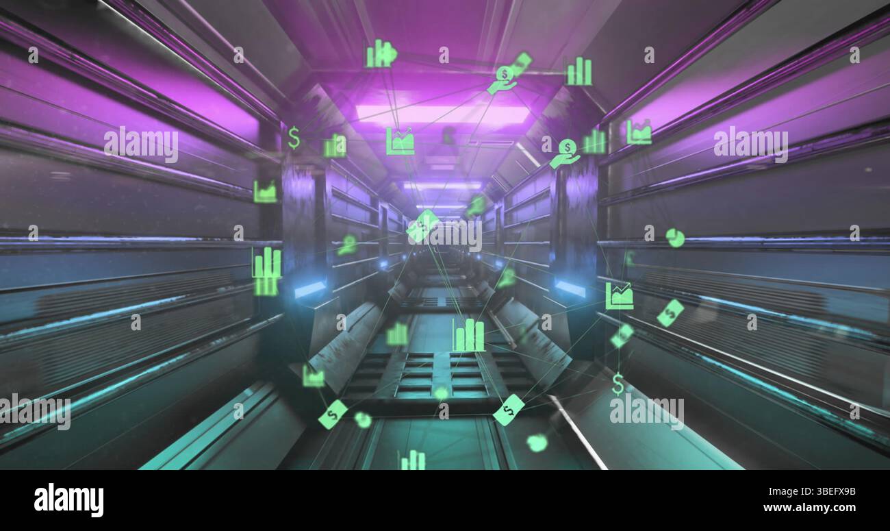 Immagine di icone finanziarie sul tunnel industriale in movimento Foto Stock