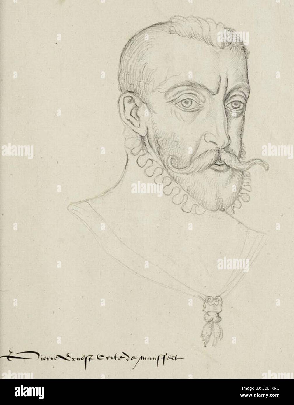 Questo ritratto di Jacques de Boucq, creato intorno al 1570, raffigura Pierre-Ernesto i, conte di Mansfeld. Parte del *Receuil d'Arras*, una raccolta di ritratti del XVI secolo, l'immagine riflette il significato nobile e militare di Pierre-Ernesto i nel periodo rinascimentale. Foto Stock