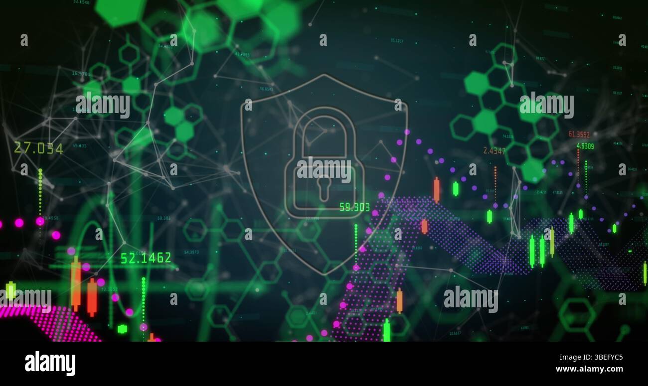 Icona del lucchetto di sicurezza e strutture chimiche contro l'elaborazione dei dati finanziari e la mappa del mondo Foto Stock