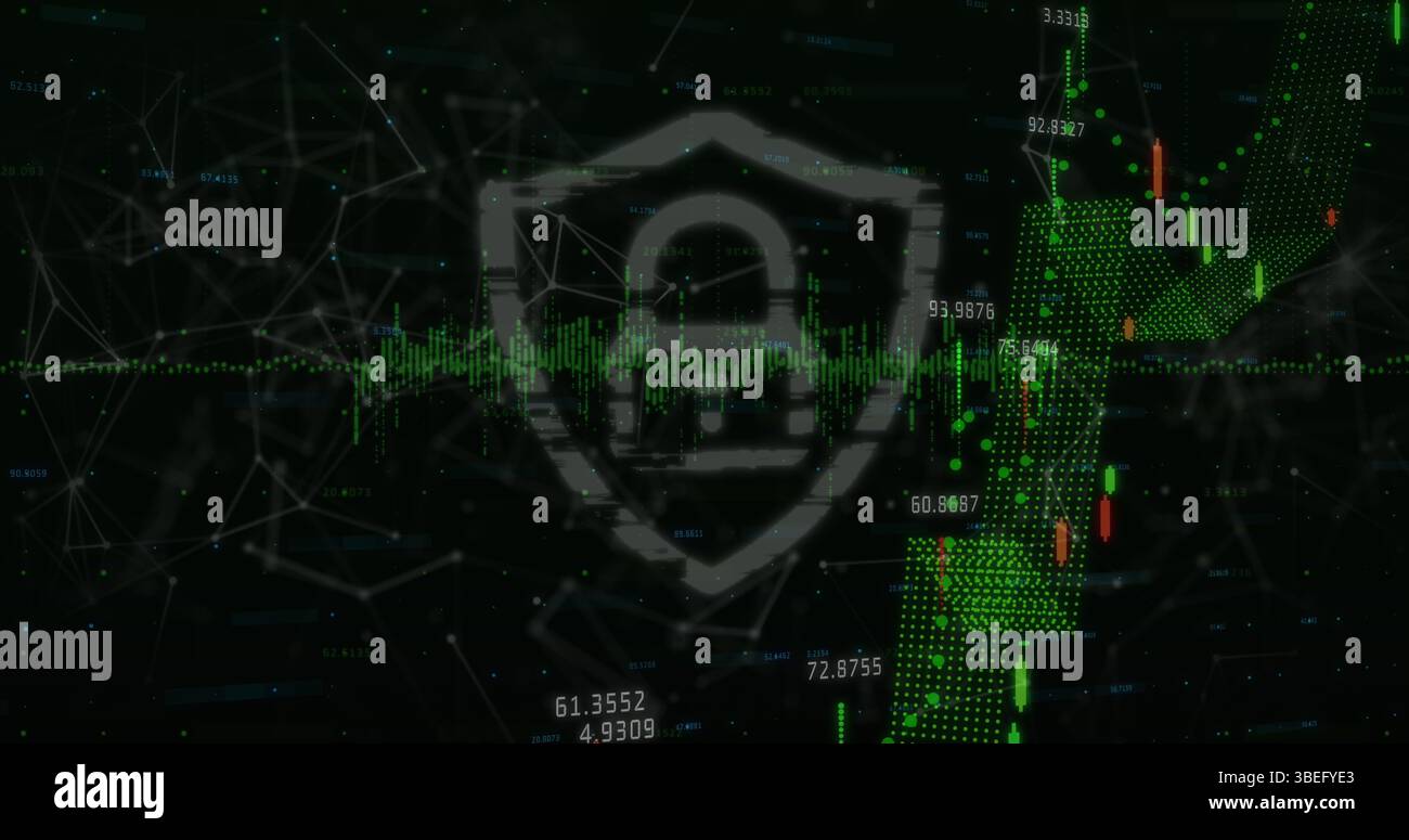 L'elaborazione dei dati finanziari e l'icona del lucchetto di sicurezza proteggono dalla rete di connessioni Foto Stock