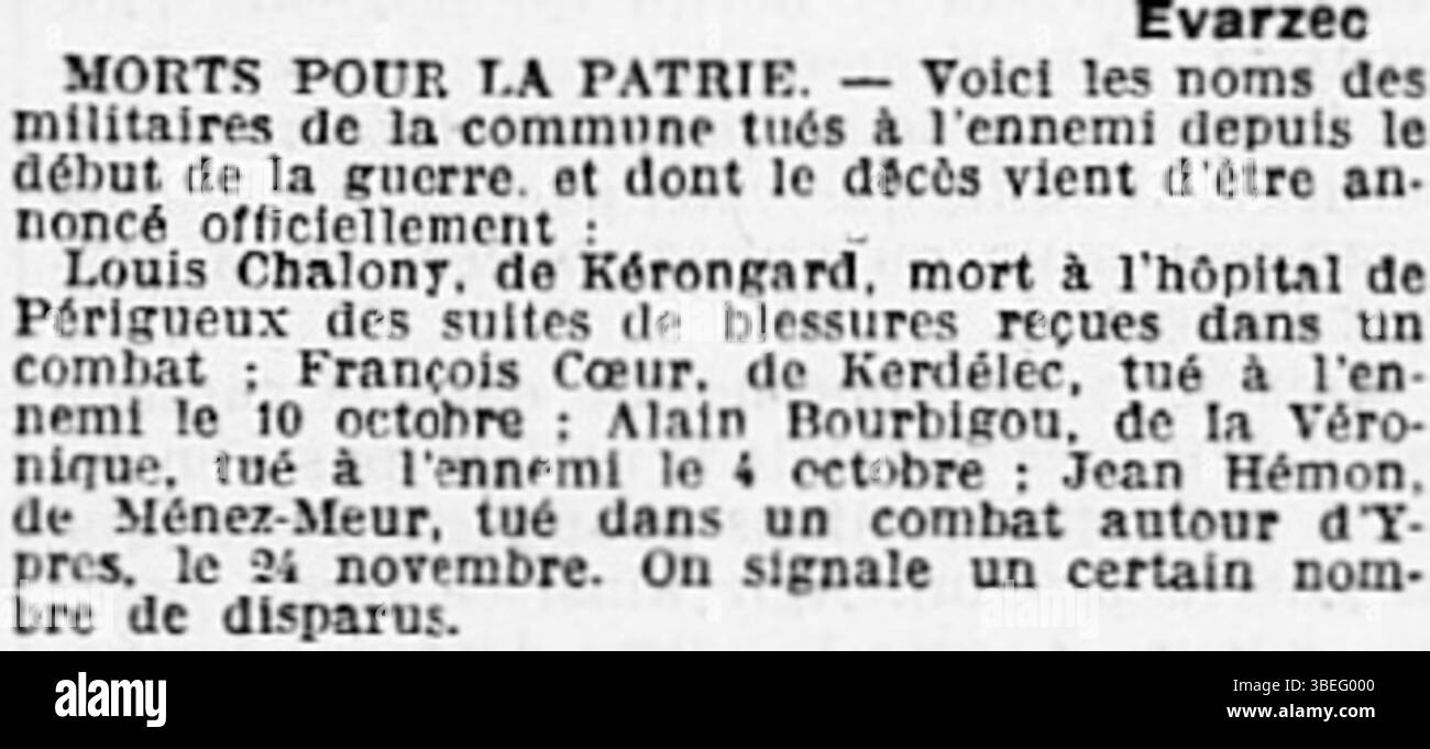 Questo diario di *l'Ouest-Éclair* datato 20 gennaio 1915 commemora i primi soldati di Saint-Evarzec morti per la Francia nel 1914 durante la prima guerra mondiale. Riflette le prime fasi della guerra e i sacrifici fatti dai soldati locali. Foto Stock