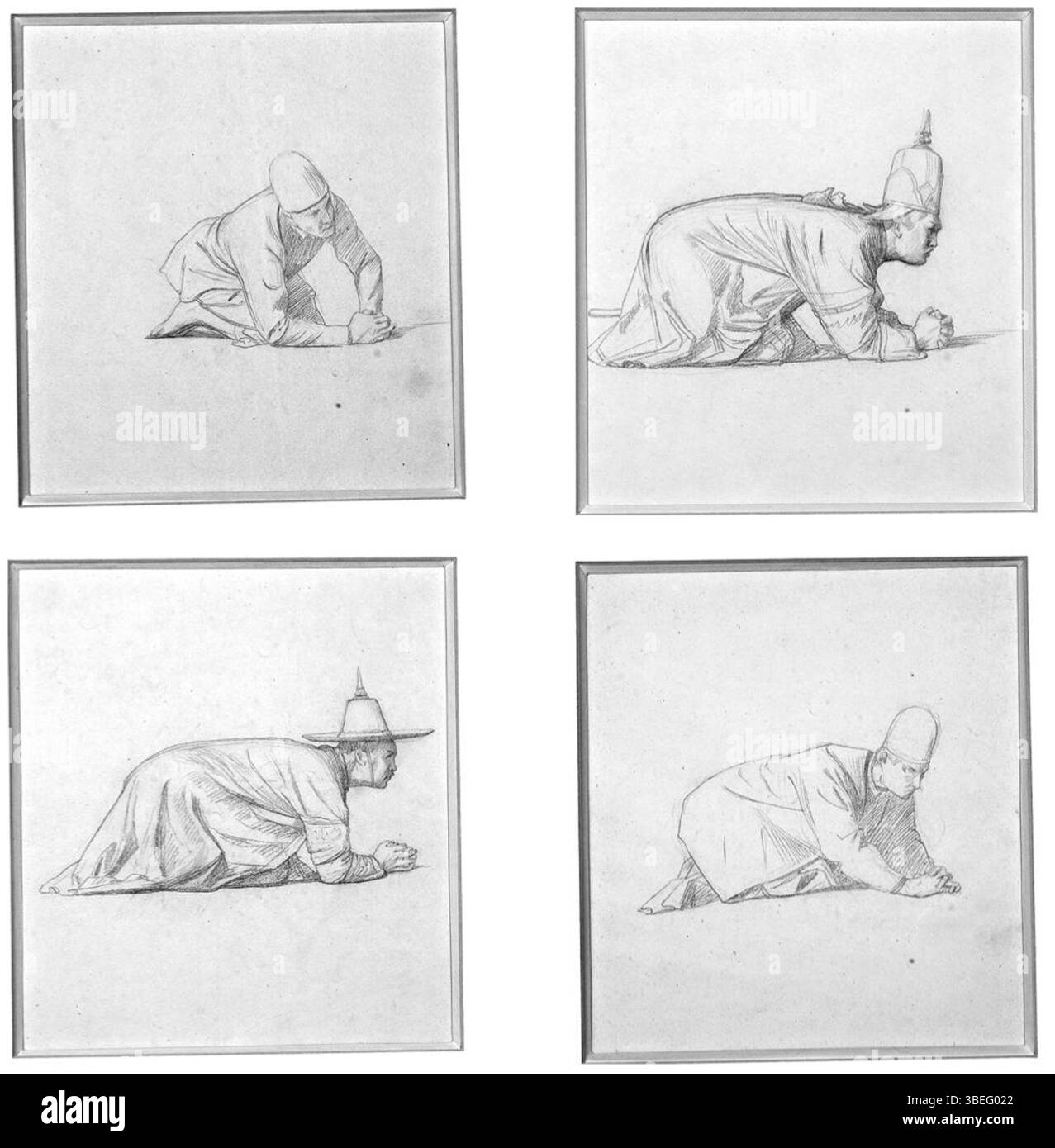 Un altro studio di Jean-Léon Gérôme, intitolato "Ambasciatori del Siam", creato nel 1864, questo disegno di gesso nero continua il tema dei diplomatici siamesi e dello scambio culturale, sottolineando i dettagli intricati del loro abbigliamento e ambientazione. Foto Stock