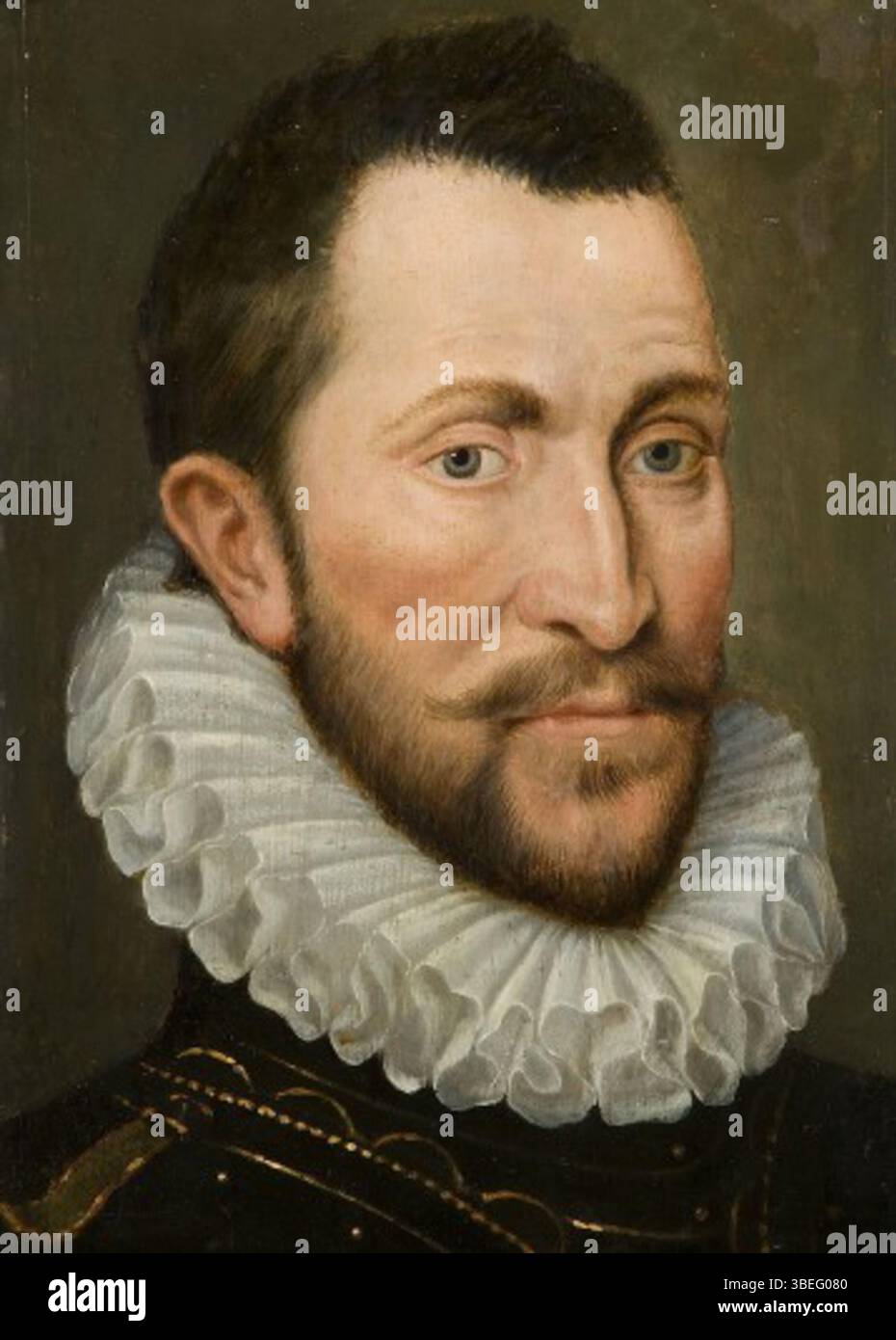 Questo presunto ritratto di Brantôme è attribuito alla scuola francese del XVI secolo. La pittura a olio su tavola misura 36 cm per 25 cm ed è considerata un'opera del periodo rinascimentale, forse legata allo storico e soldato francese Pierre de Bourdeille, noto come Brantôme. Foto Stock