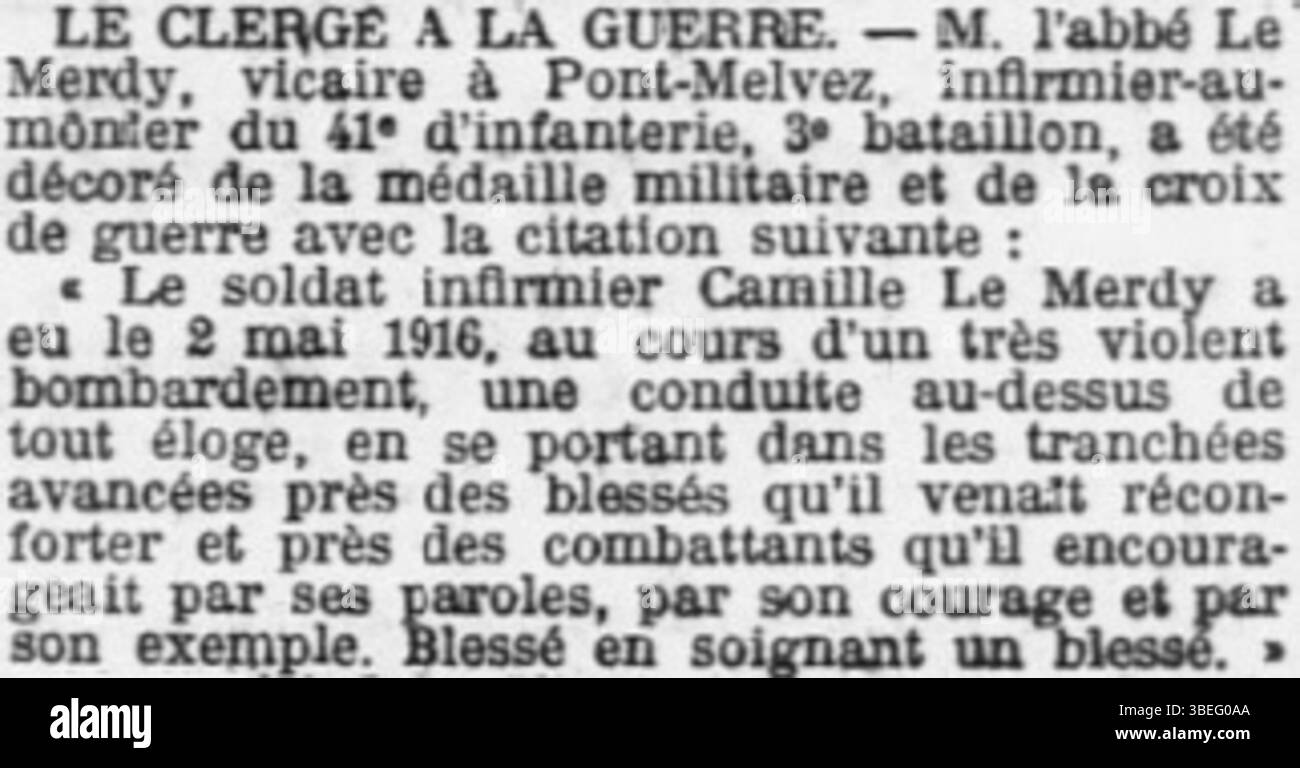 L'articolo de l'Ouest-Éclair del 3 giugno 1916 onora l'Abbé le Merdy per il suo servizio coraggioso durante la prima guerra mondiale. Come soldato-infermiera, fu decorato con la Médaille militaire e la Croix de guerre per il suo coraggio e servizio a Pont-Melvez. Foto Stock