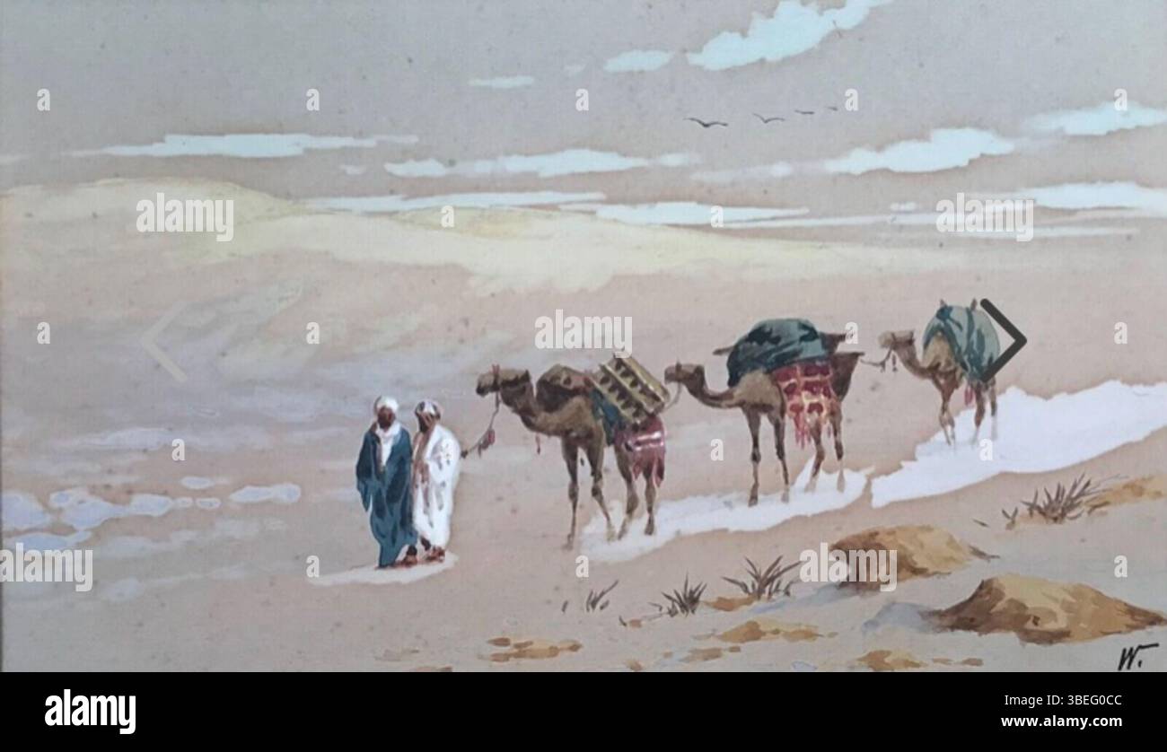 Questo dipinto ad acquerello di Edwin Lord Weeks, creato intorno al 1898, raffigura i beduini che conducono cammelli attraverso il deserto. Conosciuto per i suoi viaggi in Medio Oriente, Weeks cattura lo stile di vita e il movimento dei nomadi beduini con attenzione ai dettagli e alla vastità del paesaggio. Foto Stock