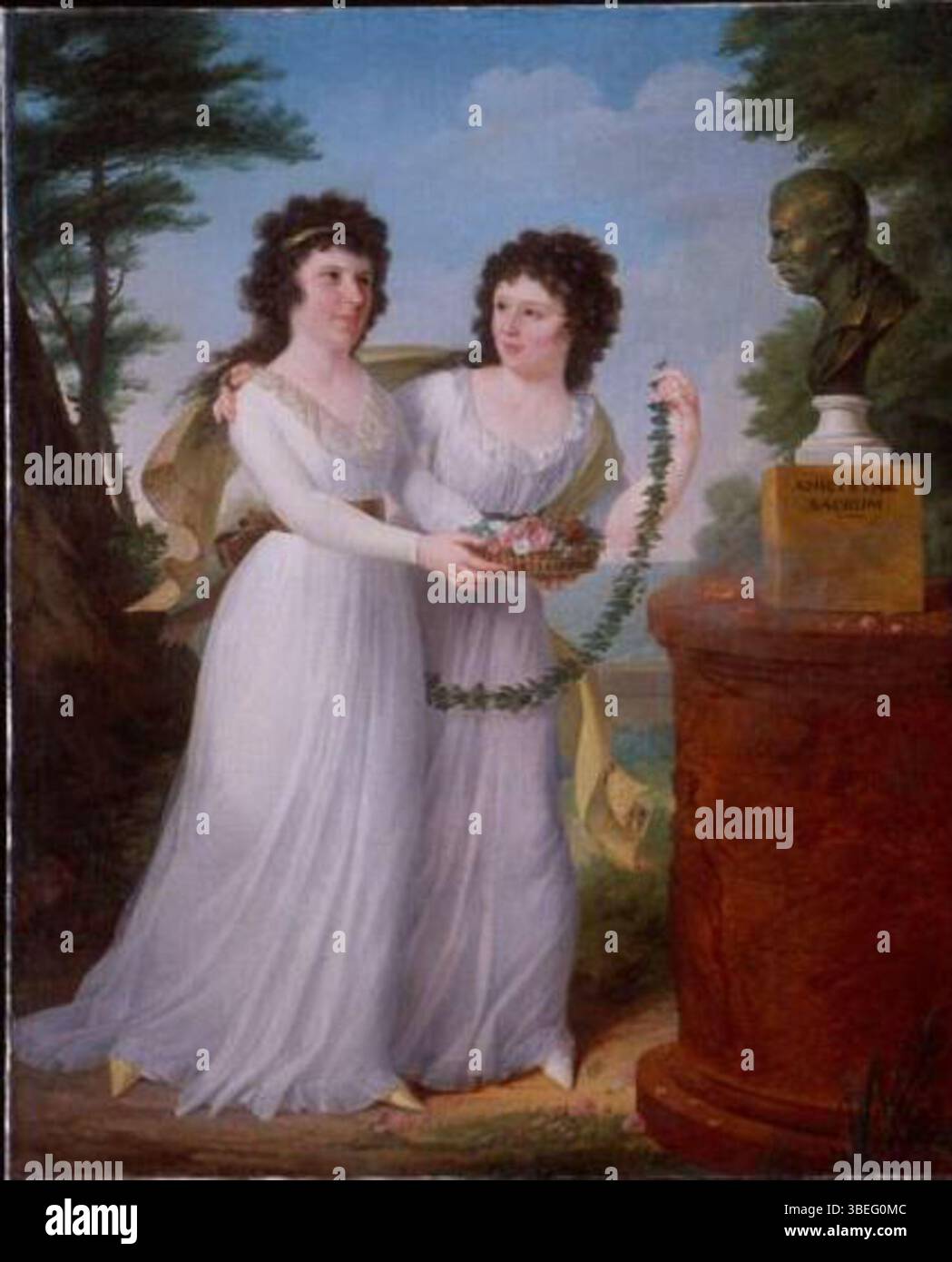 Questo dipinto ad olio del 1794 di Bouché raffigura Sally Scott Murray (1775-1854) e sua sorella Anna Maria Murray (1776-1857). Entrambe le donne in seguito sposarono figure degne di nota, rispettivamente la signora Edward Lloyd e la signora John Mason. Le opere d'arte, provenienti dal Maryland, USA, sono dipinte su tela, con una cornice di pioppo giallo realizzata con doratura ad olio e foglia d'oro. Dimensioni: 39 1/2 x 32 3/8 x 1 pollici senza telaio. Foto Stock