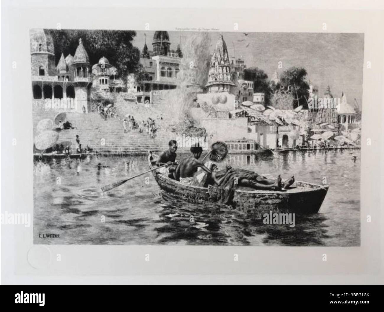 Questa incisione del 1894 di Gaston Manchon è una riproduzione di "The Last Voyage: A souvenir of the Gange" di Edwin Lord Weeks. Mostra una scena ispirata ai viaggi di settimane in India e alle sue impressioni sul fiume Gange. Foto Stock